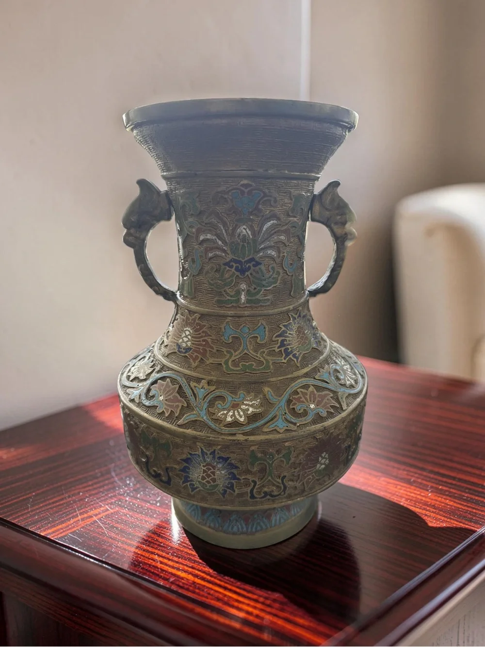 Antique Asian  Enamel Cloisonne Bronze  Multicolored Urn Vase 12” Tall !!!